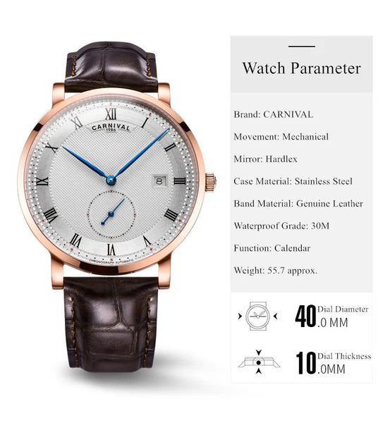 Carnival Men’s Luxury Watch – Automatic Mechanical, Waterproof, Rose Gold/Silver, Calendar