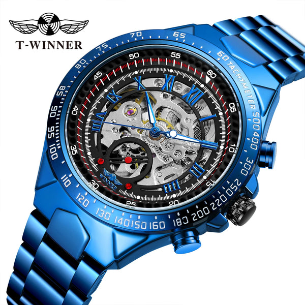2024 Blue Dial Stainless Steel Skeleton Mechanical Automatic Watch Military Waterproof Male Wrist Watches High End Luxury