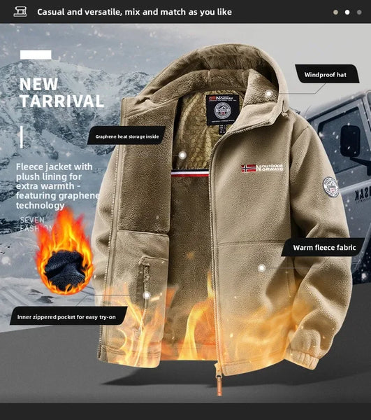 Men's Norwegian Fleece Hooded Jacket – Thick Plus Size Autumn/Winter Outdoor Coat, Warm Couple Fleece Outerwear