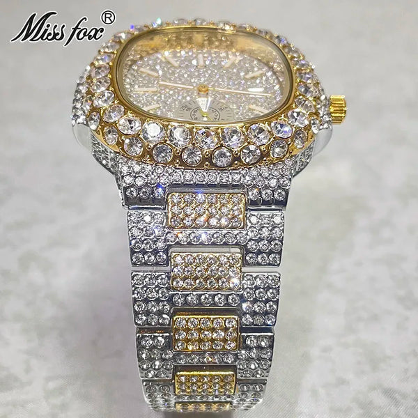 MISSFOX Men's Iced Out Watch – 18K Gold, Full Diamond, Auto Date, Waterproof