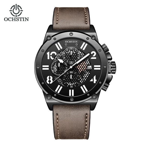 OCHSTIN Men’s Quartz Watch – Waterproof, Leather Strap, Luminous Hands, Multifunction Chronograph