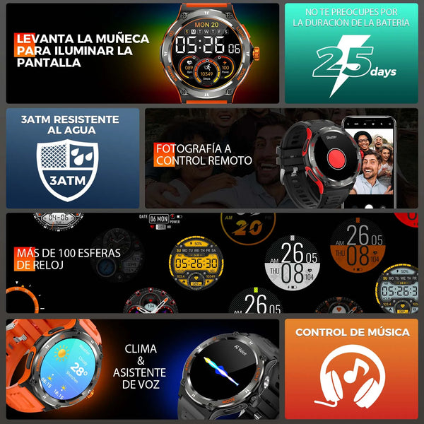 EIGIIS KT76 Smart Watch Men’s 3ATM Waterproof Compass LED Flashlight Bluetooth Call