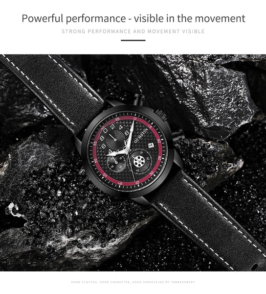 OCHSTIN Men’s Quartz Chronograph Watch – Waterproof, Leather Strap, Luminous Hands, Luxury Wristwatch