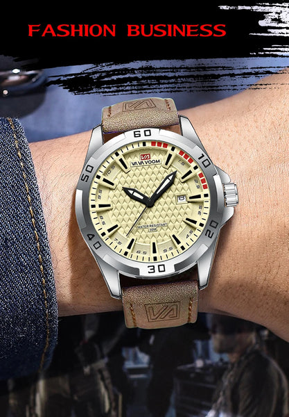 VA VA VOOM Men's Sport Quartz Watch – Military Style, Calendar, Waterproof, Leather