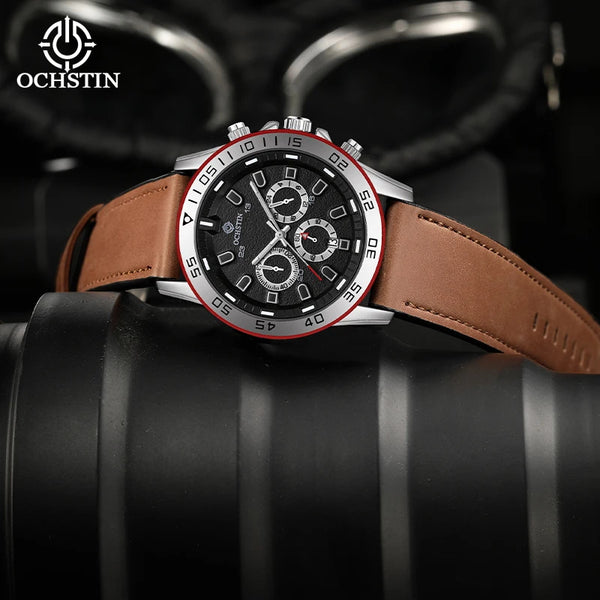 OCHSTIN Men’s Quartz Watch – Waterproof, Leather Strap, 24-Hour Display, Multifunction Classic Wristwatch