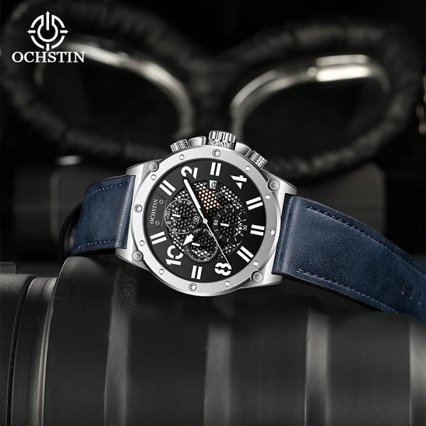 OCHSTIN Men’s Quartz Watch – Waterproof, Leather Strap, Luminous Hands, Multifunction Chronograph