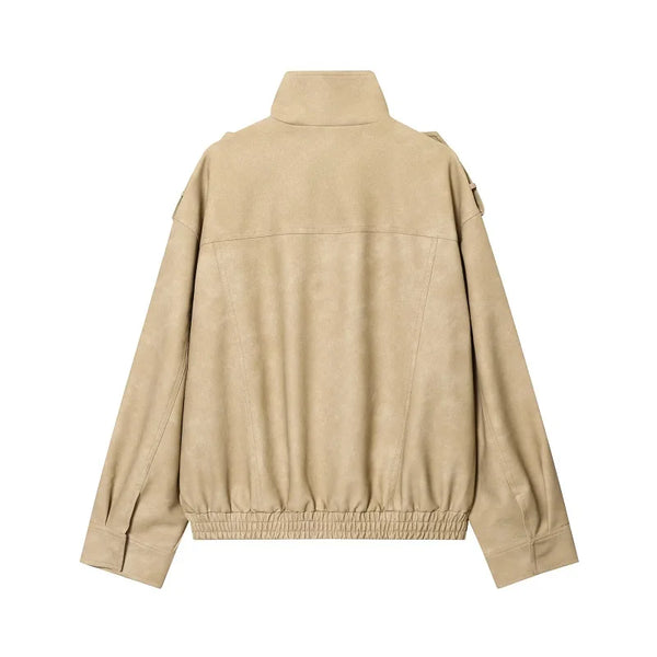 Women's Oversized Suede Bomber Jacket – Zip Up, Demi-Season, Winter Outerwear