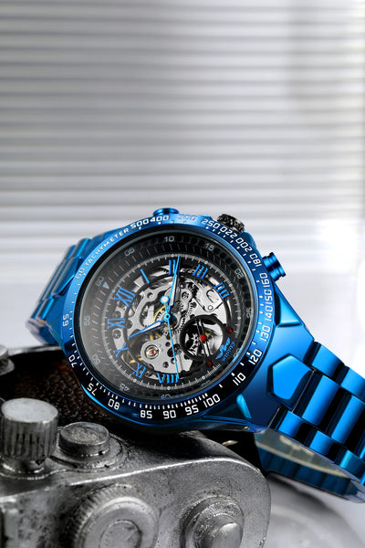 2024 Blue Dial Stainless Steel Skeleton Mechanical Automatic Watch Military Waterproof Male Wrist Watches High End Luxury