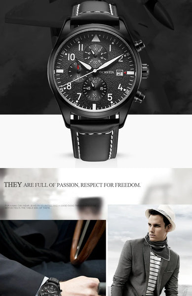 OCHSTIN Men’s Sports Watch – Waterproof Quartz, Calendar, Three-Eye Dial, Leather Strap, Fashion Casual