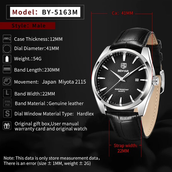 2021 New BENYAR Design Top Brand Luxury Watch men’s Quartz Watch fashion simple moisture-proof business leather watch