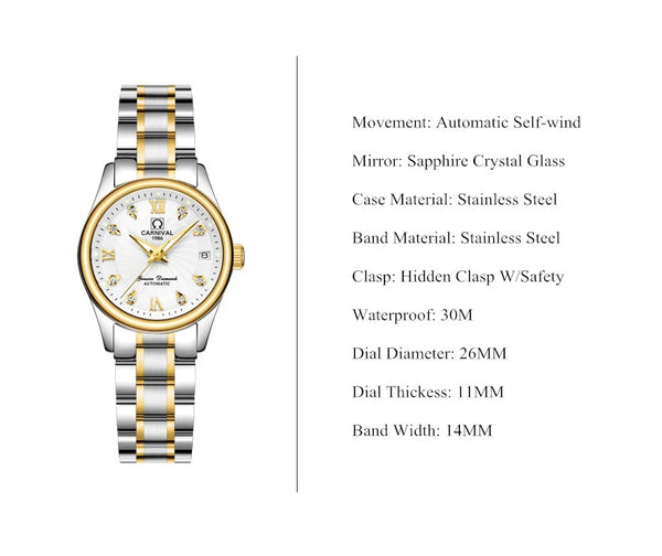 CARNIVAL Women’s Automatic Watch – Luxury Sapphire Mechanical, Calendar, Luminous, Waterproof Reloj Mujer