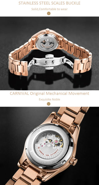 CARNIVAL Women’s Automatic Watch – Rose Gold, Stainless Steel, Calendar, Luminous, Waterproof Mechanical 8685