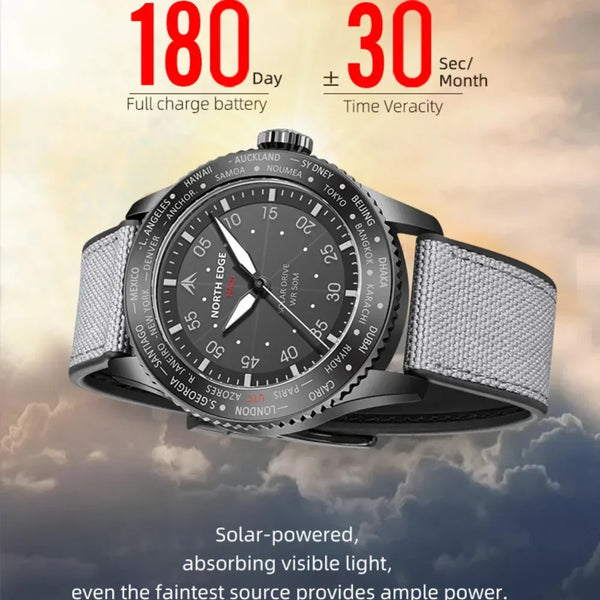 NORTH EDGE MACH 2024 Pilot Watch – Solar Powered, Dual Time, Waterproof
