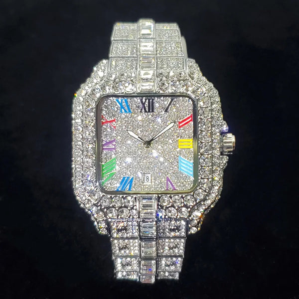 2025 Men's Iced Out Watch – Square, Diamond Bling, Colorful Numbers, Hip Hop Style