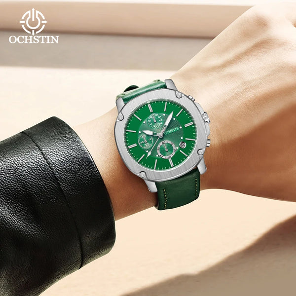 OCHSTIN Men’s Quartz Chronograph Watch – Waterproof, Leather Strap, Multifunction, Casual Business Style