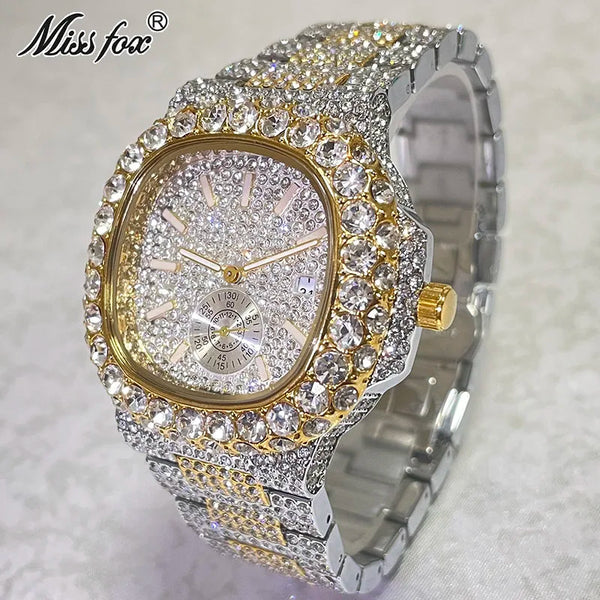 MISSFOX Men's Iced Out Watch – 18K Gold, Full Diamond, Auto Date, Waterproof
