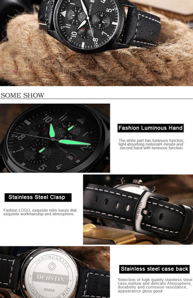 OCHSTIN Men’s Sports Watch – Waterproof Quartz, Calendar, Three-Eye Dial, Leather Strap, Fashion Casual