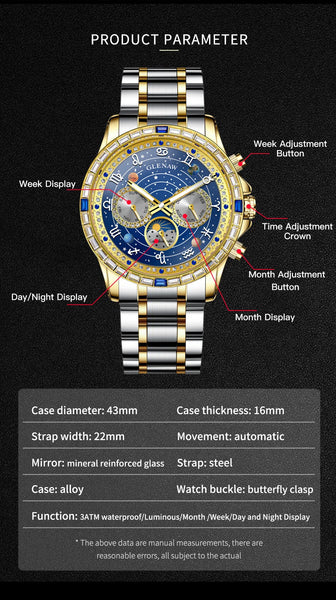 Glenaw high-end business fully automatic mechanical multifunctional men's watch fashionable waterproof luminous watch