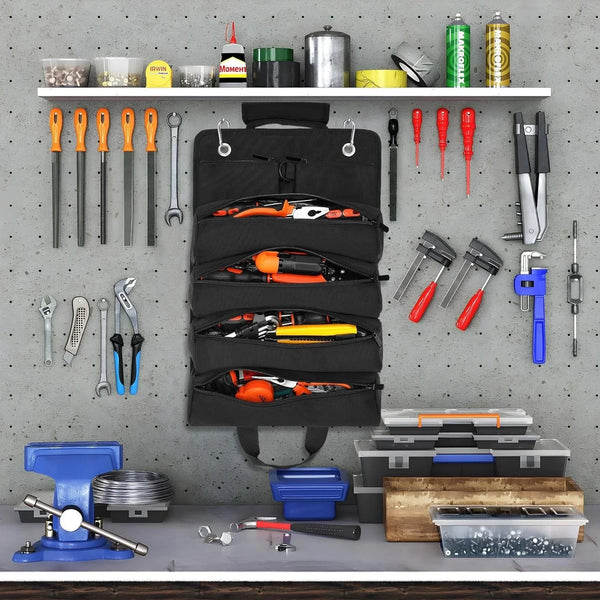 Heavy Duty Roll Up Tool Bag Portable Tool Organizer with 2 Small Pouches for Mechanics Foldable Storage Solution