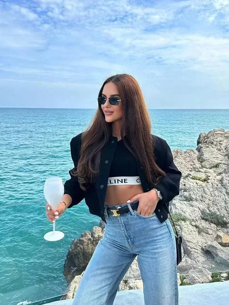 Women's White Cropped Bomber Jacket – Button-Up Baseball Aviator Style, Long Sleeve Autumn/Winter Coat