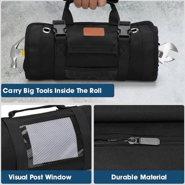 Heavy Duty Roll Up Tool Bag Portable Tool Organizer with 2 Small Pouches for Mechanics Foldable Storage Solution