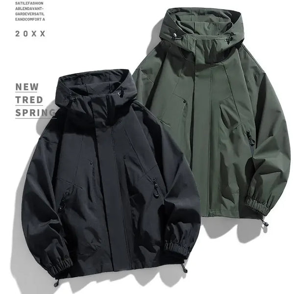 Men's Oversized Waterproof Bomber Jacket – Hooded Windbreaker, Plus Size, Hiking Coat
