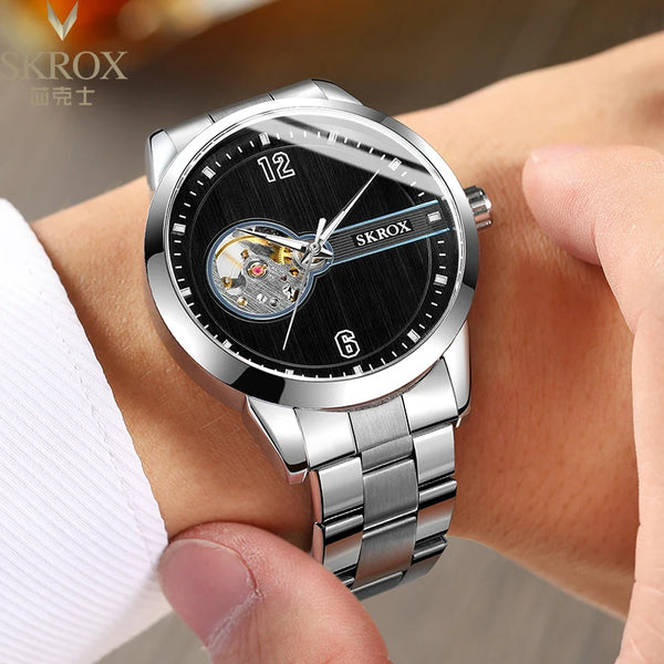 2024 New Design SKROX Original Luxury Luminous Skeleton Automatic Mechanical Watch Male Steel Strip Sports Waterproof