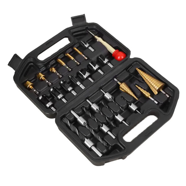 The 26Pcs Three-point Step Drill Bit Set is a versatile woodworking kit designed for multi-size drilling, countersinking, chamfering, and precise hole positioning. It’s ideal for wood plug creation and clean finishes in car