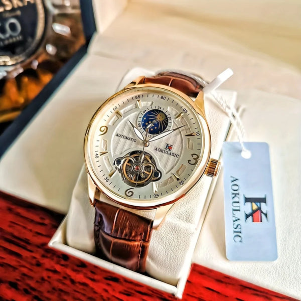 High-End Men’s Watch – Skeleton Dial, Automatic Movement, Leather Band, Business Style, No Battery Needed