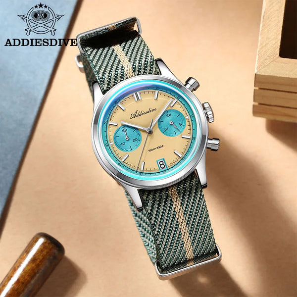 ADDIESDIVE Top Brand Man Watch BGW9 Super Luminous 10Bar Waterproof Bubble Mirror Glass VK64 Chronograph Quartz Steel Wristwatch