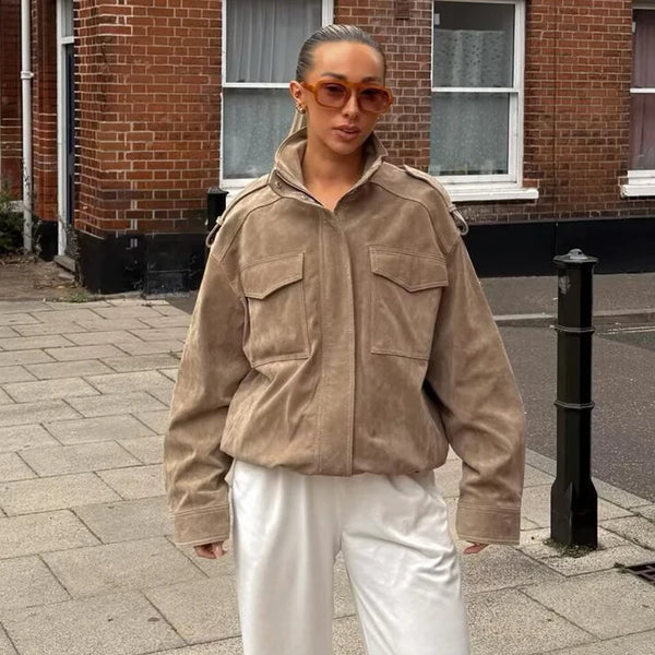 Women's Oversized Suede Bomber Jacket – Zip Up, Demi-Season, Winter Outerwear