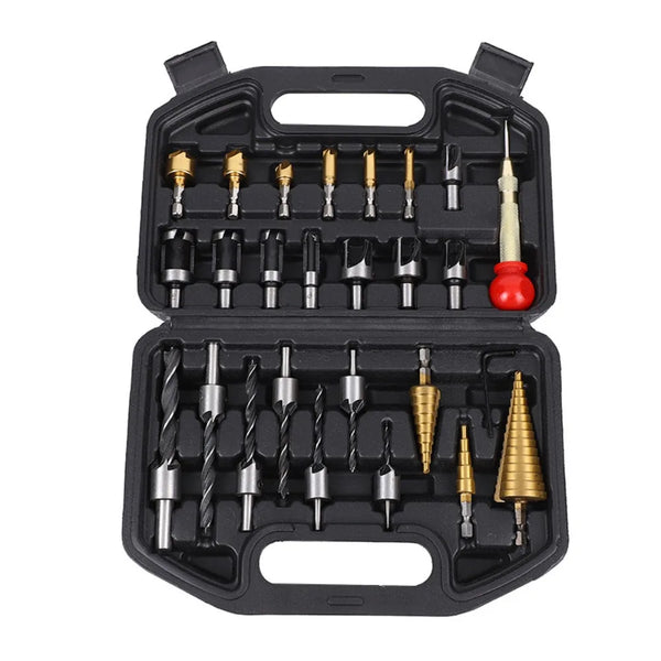 The 26Pcs Three-point Step Drill Bit Set is a versatile woodworking kit designed for multi-size drilling, countersinking, chamfering, and precise hole positioning. It’s ideal for wood plug creation and clean finishes in car