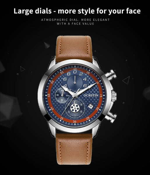 OCHSTIN Men’s Quartz Chronograph Watch – Waterproof, Leather Strap, Luminous Hands, Luxury Wristwatch