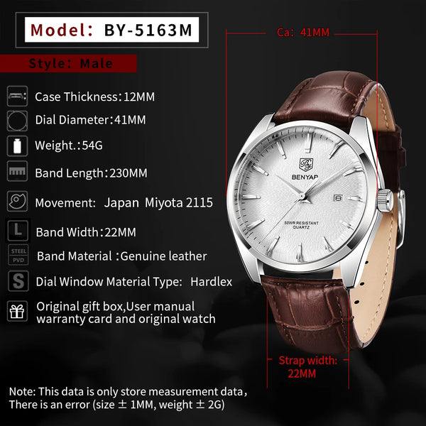 2021 New BENYAR Design Top Brand Luxury Watch men’s Quartz Watch fashion simple moisture-proof business leather watch