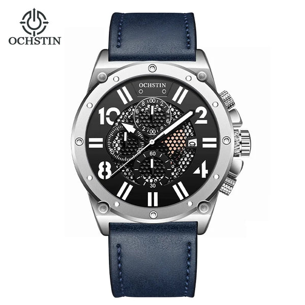 OCHSTIN Men’s Quartz Watch – Waterproof, Leather Strap, Luminous Hands, Multifunction Chronograph