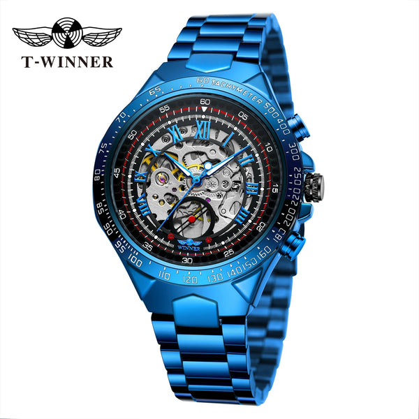2024 Blue Dial Stainless Steel Skeleton Mechanical Automatic Watch Military Waterproof Male Wrist Watches High End Luxury