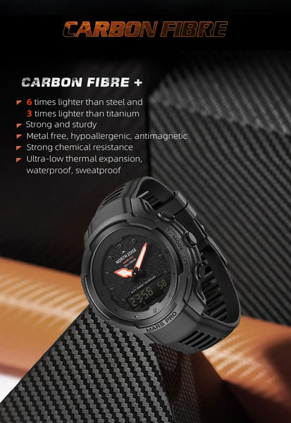 The NORTH EDGE MARS Pro is a rugged, multifunctional digital watch designed for outdoor enthusiasts, military use, and adventure seekers. It features a carbon fiber case, altimeter, barometer, compass, and 50M water resistanc