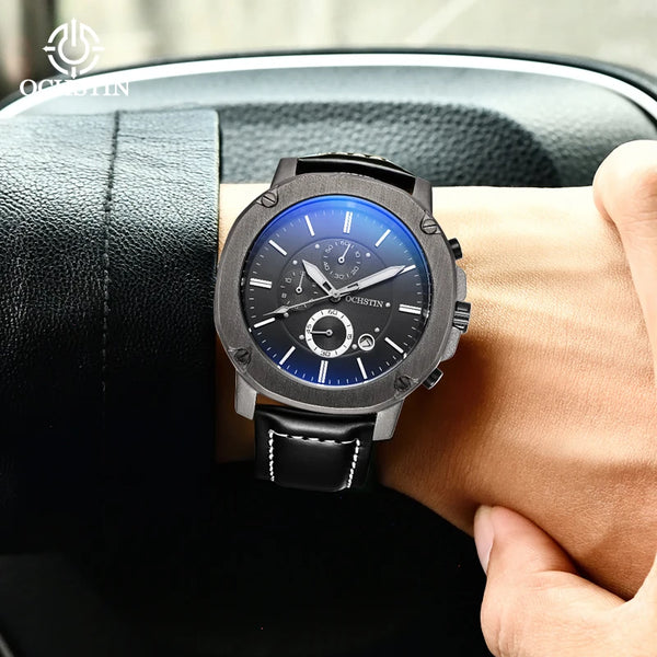 OCHSTIN Men’s Quartz Chronograph Watch – Waterproof, Leather Strap, Multifunction, Casual Business Style
