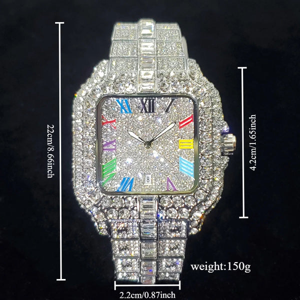 2025 Men's Iced Out Watch – Square, Diamond Bling, Colorful Numbers, Hip Hop Style