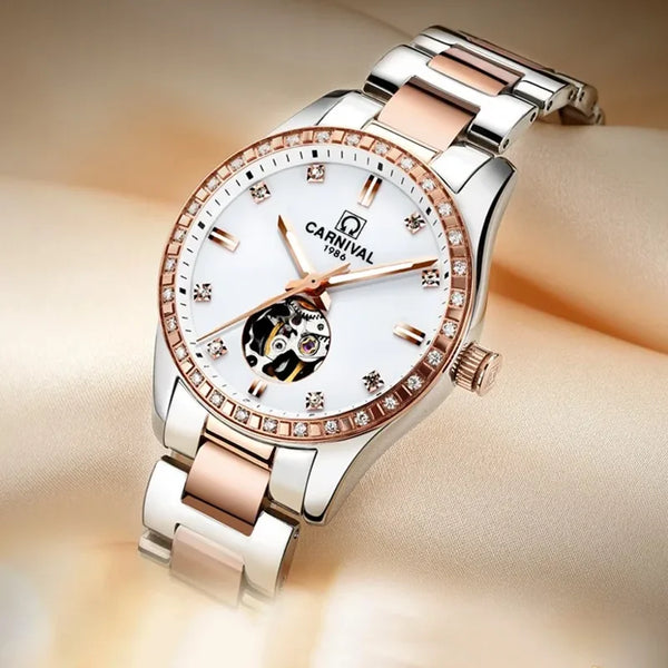 CARNIVAL Women’s Gold Automatic Watch – Tourbillon, Sapphire, Waterproof Stainless Steel, Elegant Reloj Mujer