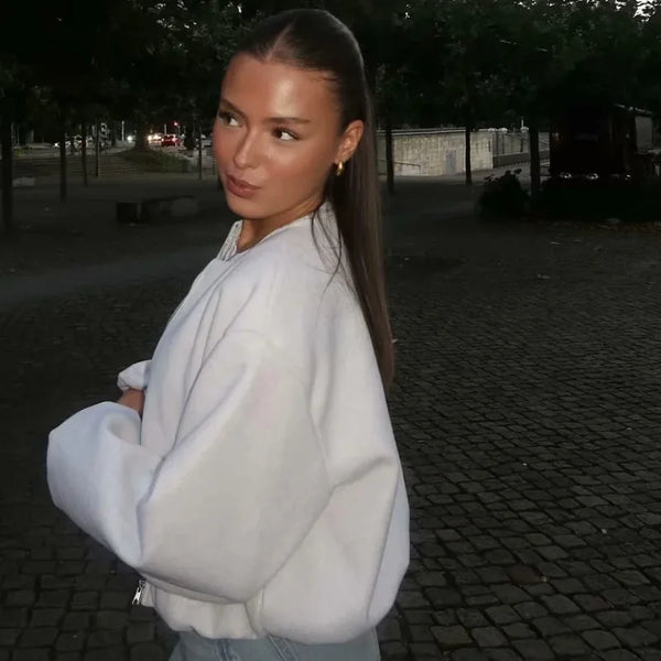 HXAO Women's Cropped Bomber Jacket – Faux Wool Zip-Up Coat, Long Sleeve Autumn/Winter Outerwear in Gray & Beige