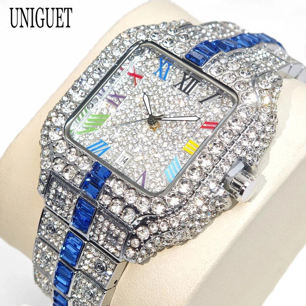 2025 Men's Luxury Watch – Rainbow Dial, Diamond Bling, Waterproof, Hip Hop Style
