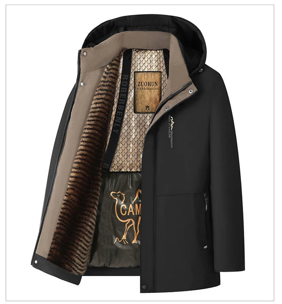 Men's Luxury Camel Fleece Parka Jacket – Top-Grade 5-Layer Tech Windbreaker Coat, Heavy Plush Lining Winter Outerwear