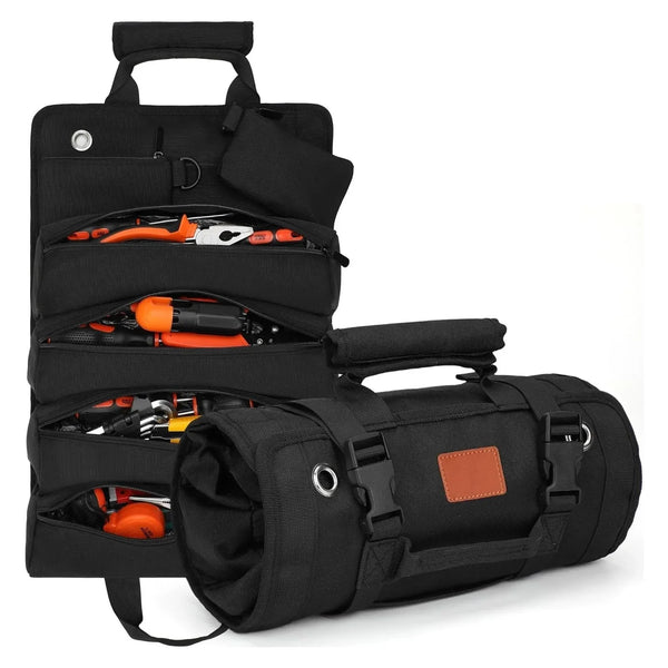 Heavy Duty Roll Up Tool Bag Portable Tool Organizer with 2 Small Pouches for Mechanics Foldable Storage Solution