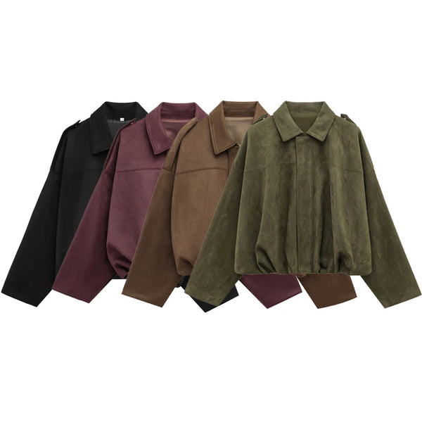HXAO Women’s Suede Bomber Jacket – Cropped Racing Style, Lapel Zip Coat, High Street 2025 Fashion