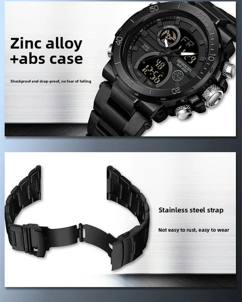 Solar-Powered Business Watch – Dual Display, Steel Band, Luminous Hands