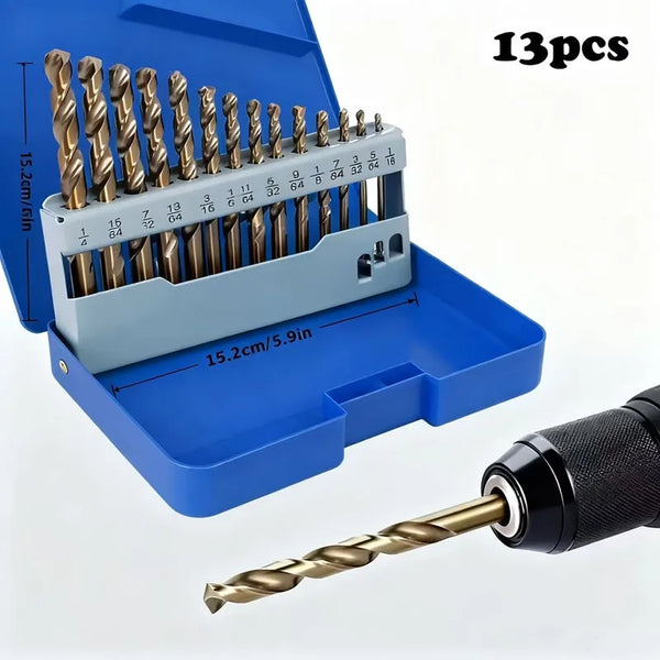 13Pcs Cobalt Drill Bits Set 1/16-1/4 inch, M35  Twist Jobber Length for Hardened Metal, Stainless Steel, Cast Iron and Wood