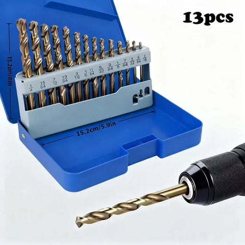 13Pcs Cobalt Drill Bits Set 1/16-1/4 inch, M35  Twist Jobber Length for Hardened Metal, Stainless Steel, Cast Iron and Wood