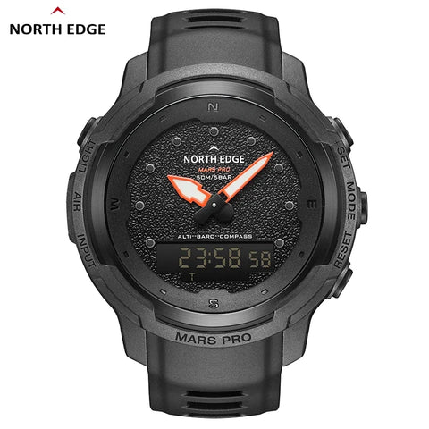 The NORTH EDGE MARS Pro is a rugged, multifunctional digital watch designed for outdoor enthusiasts, military use, and adventure seekers. It features a carbon fiber case, altimeter, barometer, compass, and 50M water resistanc