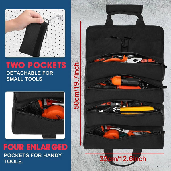 Heavy Duty Roll Up Tool Bag Portable Tool Organizer with 2 Small Pouches for Mechanics Foldable Storage Solution